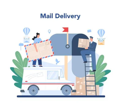 Postman profession. Post office staff providing mail service, Illustration