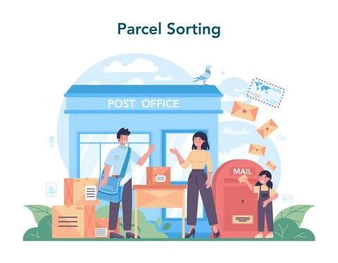 Postman profession. Post office staff providing mail service, accepting Illustration