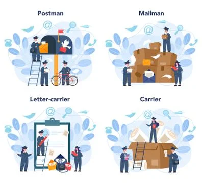 Postman profession set. Post office staff providing mail service Illustration