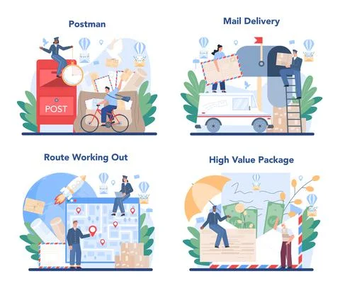 Postman profession set. Post office staff providing mail service, Illustration