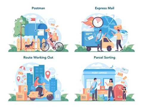 Postman profession set. Post office staff providing mail service, accepting Stock Illustration