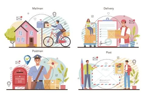Postman profession set. Post office staff providing mail service Illustration