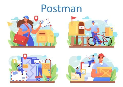 Postman profession set. Post office staff providing mail service Illustration