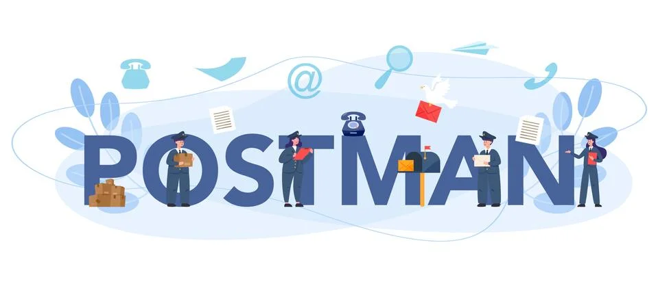 Postman profession typographic header. Post office staff providing Illustration