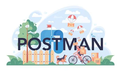 Postman profession typographic header. Post office staff providing Illustration