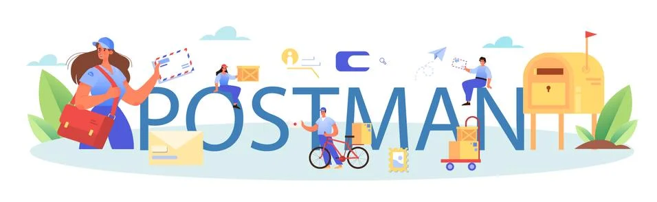 Postman profession typographic header. Post office staff providing mail service, Illustration