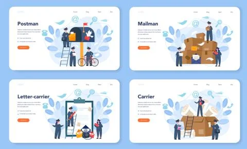 Postman profession web banner or landing page set. Post office Illustration