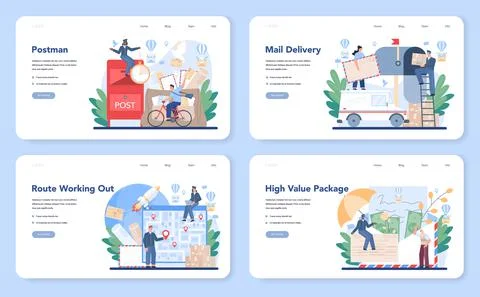 Postman profession web banner or landing page set. Post office staff Illustration