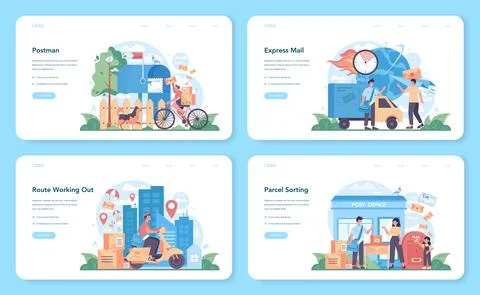 Postman profession web banner or landing page set. Post office staff providing Illustration
