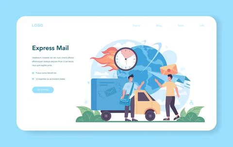Postman profession web banner or landing page. Express mail. Post office Illustration