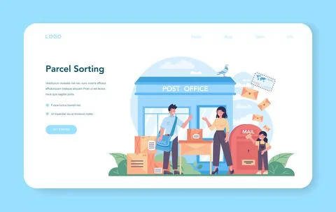 Postman profession web banner or landing page. Post office staff providing Illustration