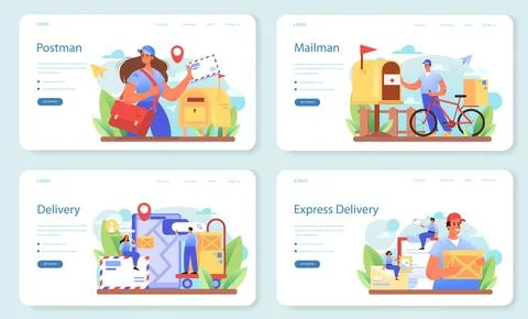 Postman profession web banner or landing page set. Post office staff Illustration