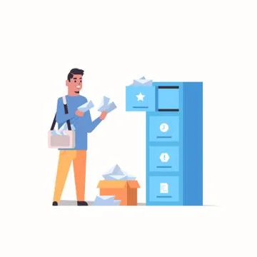 Postman putting letter envelopes in mail box post delivery service concept flat 스톡 일러스트