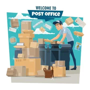 Postman sorting mail and parcels at post office Illustrazione stock