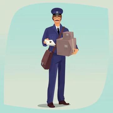 Postman standing in front face with parcels Stock Illustration