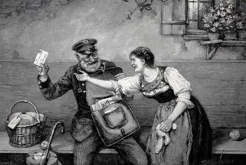 Postman teasing the recipient, who has been waiting a long time for the post, 스톡 일러스트