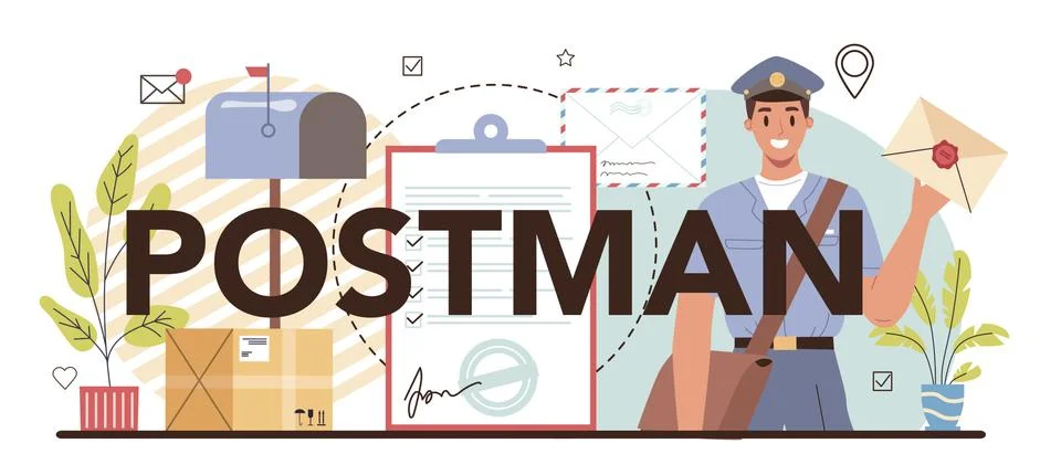 Postman typographic header. Post office staff providing mail service, Illustration