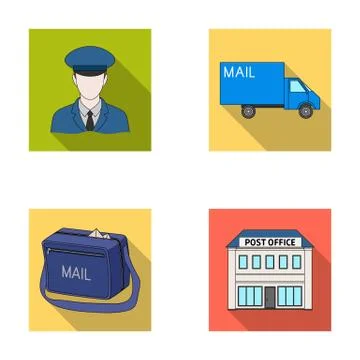 The postman in uniform, mail machine, bag for correspondence, postal office.Mail Stock Illustration