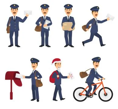 Postman vector mailman delivers mails in postbox or mailbox and post character Stock Illustration