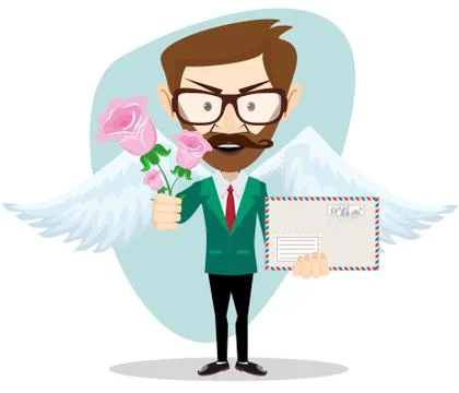 Postman with wings and flowers, vector illustration Stock Illustration