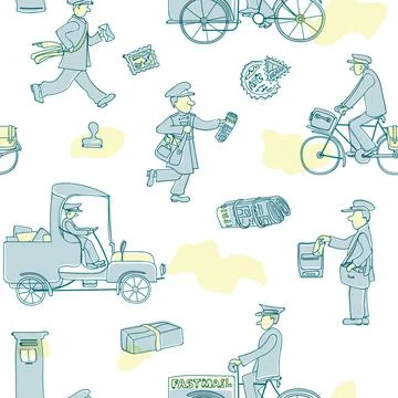 Postmen deliver mail. Seamless pattern with figures of people and vehicles, l Stock Illustration
