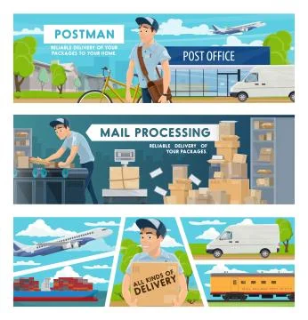 Postmen, post office and parcels. Mail delivery Stock Illustration