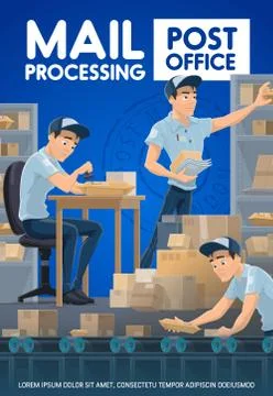 Postmen sorting mail and parcels, post office Illustrazione stock