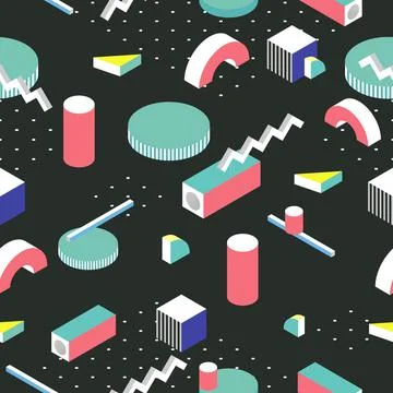 Postmodern 80s style seamless pattern. 3d isometric background. 스톡 일러스트