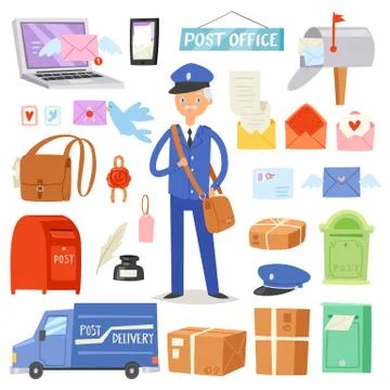 Postoffice vector postman delivers mails in postbox or mailbox and post Ilustração Stock