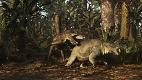 Postosuchus attacking a dicynodont in a Triassic forest. Stock Illustration
