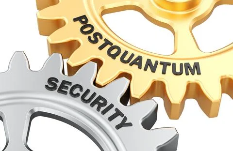 Postquantum Security concept with interlocking gears. 3D rendering Stock Illustration