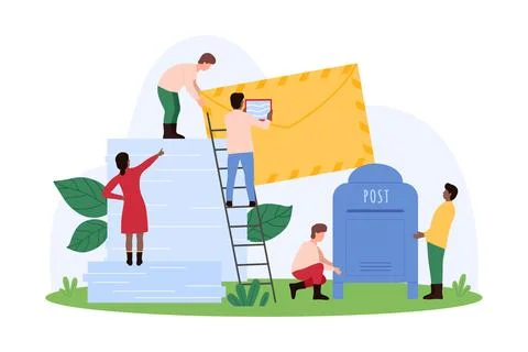 Posts delivery of letters and advertisements to mailbox, tiny people hold Illustration