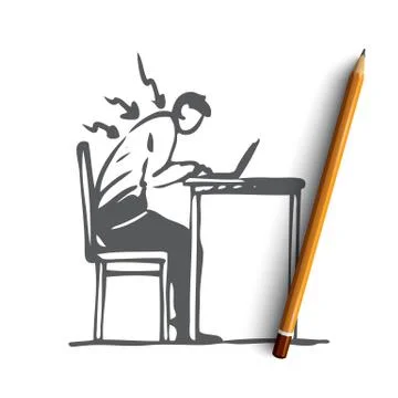 Posture, bad, spine, sit, table, wrong concept. Hand drawn isolated vector. Stock Illustration