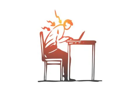 Posture, bad, spine, sit, table, wrong concept. Hand drawn isolated vector. Ilustración de archivo