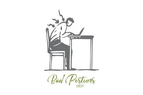 Posture, bad, spine, sit, table, wrong concept. Hand drawn isolated vector. Stockillustratie