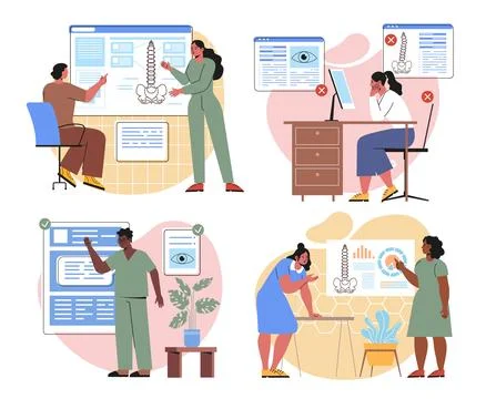 Posture correction set. Men and women with osteopaths. Healthcare and medicine Stock Illustration