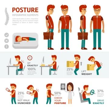 Posture infographic elements. People with back pain go to the doctor and treat 스톡 일러스트