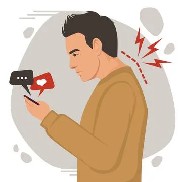Posture man vector illustration, incorrect head angle using phone, bad posture Stock Illustration