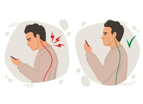 Posture man vector illustration, incorrect head angle using phone, bad posture Stock Illustration