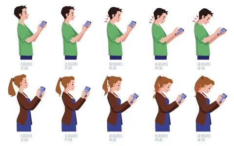 Posture of man, woman when using phone in vector illustration isolated on white 스톡 일러스트