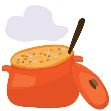 Pot with boiling soup and spoon tail and steam graphic Stock Illustration