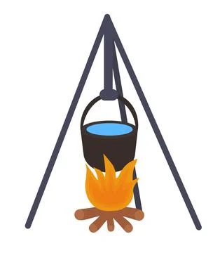 Pot on campfire. Cooking in a cauldron on flame. Hiking Food. Stock Illustration