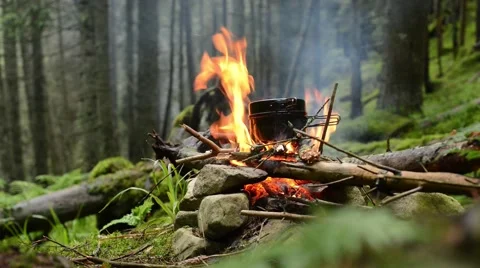 Pot on the campfire. 스톡 동영상 60580644
