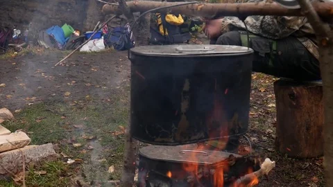The pot on the campfire Stock Footage 80938551
