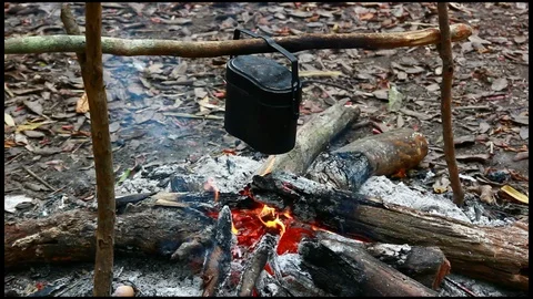 Pot camping on fire in a forest, Lockdown. Stock Footage 105527940