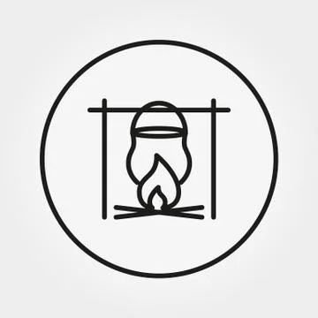Pot on the fire. Camping. Icon. Vector. Thin line Stock Illustration