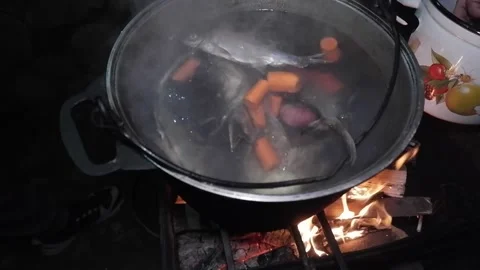 Pot on fire. Fish soup. Stock Footage 165048659