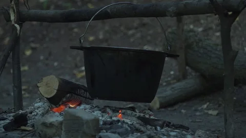 Pot of food at the stake. Stock Footage 99782482