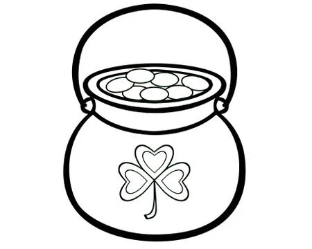 A pot of gold decorated with three-leaf clover attribute of Patrick's Day. Stock Illustration