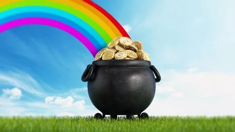Pot of gold at the end of the rainbow. 3D illustration Stock Illustration